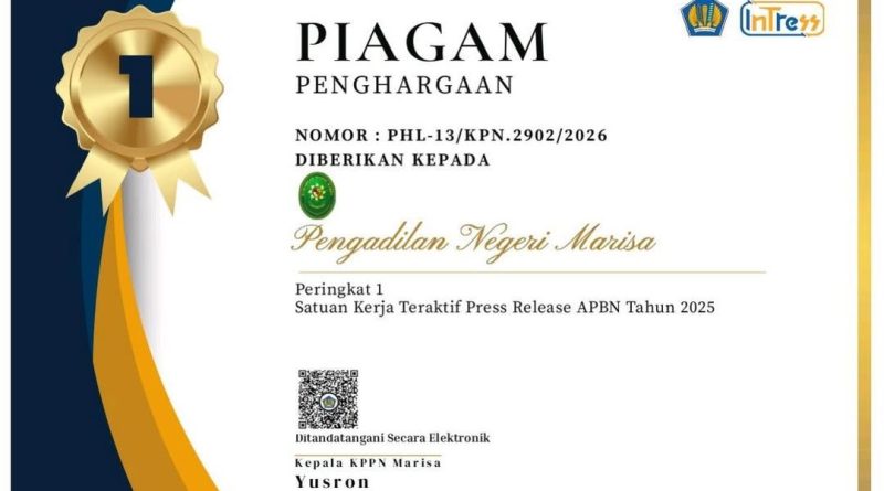Pengadilan Negeri Marisa menerima Piagam Penghargaan sebagai Satker Teraktif dalam Penyampaian Press Release APBN Tahun Anggaran 2025